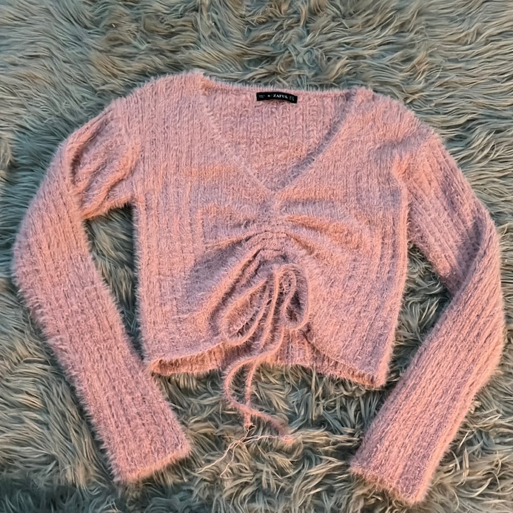 fuzzy pink scrunch front sweater